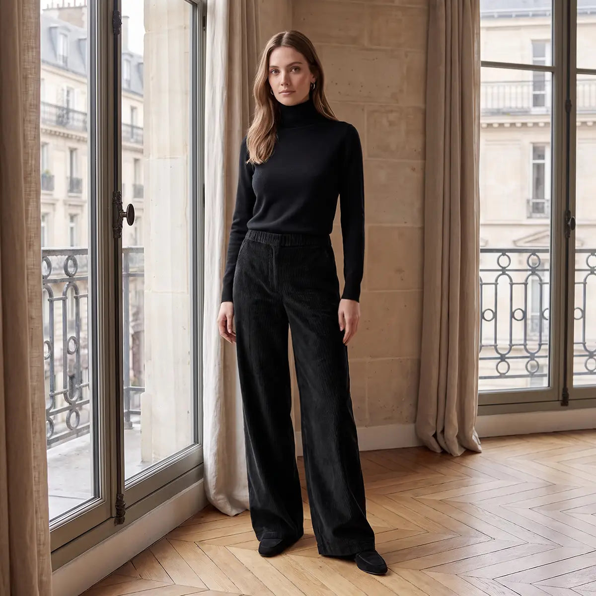 MAXIE, pantalone palazzo in velluto a coste nero, su modella.