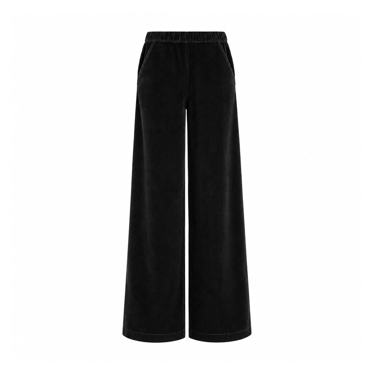 MAXIE, pantalone palazzo in velluto a coste nero.