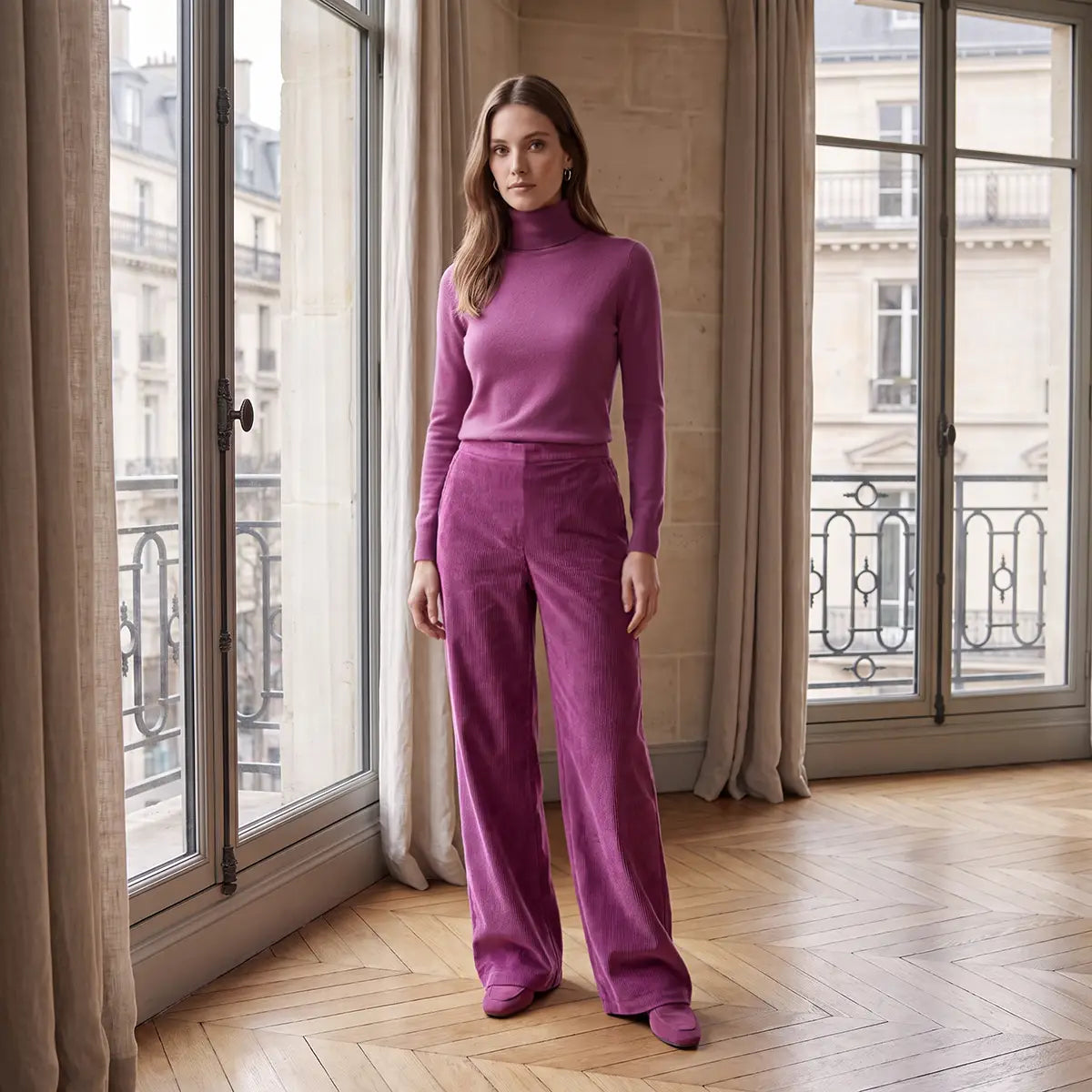MAXIE, pantalone palazzo in velluto a coste rosa, su modella.