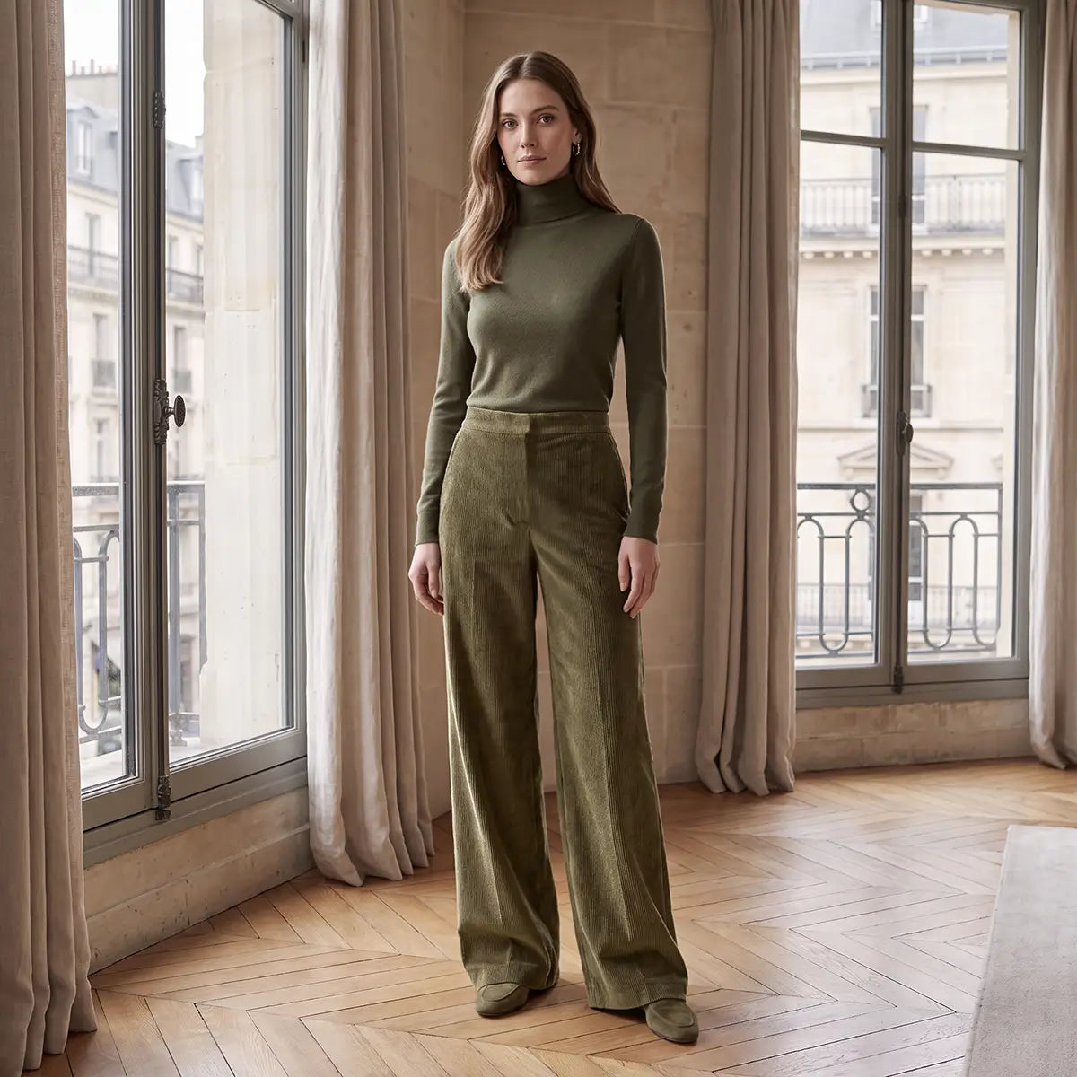 MAXIE, pantalone palazzo in velluto a coste verde, su modella.