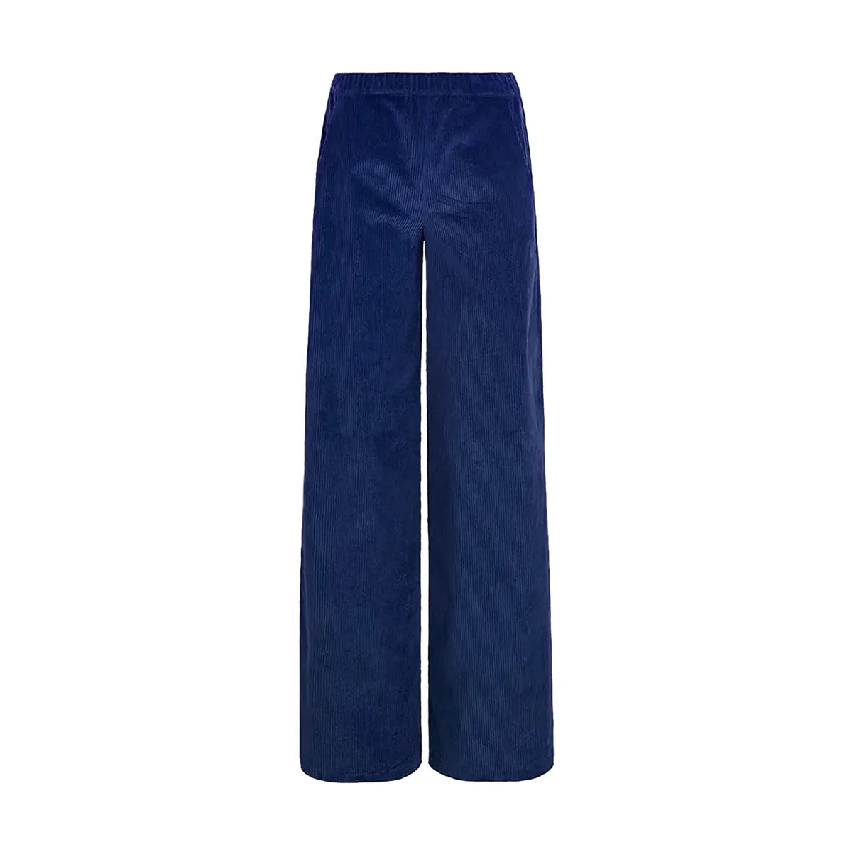 Maxie pantalone palazzo in velluto a coste blu di Alessandra Gallo con vita elasticizzata e tasche - vista frontale