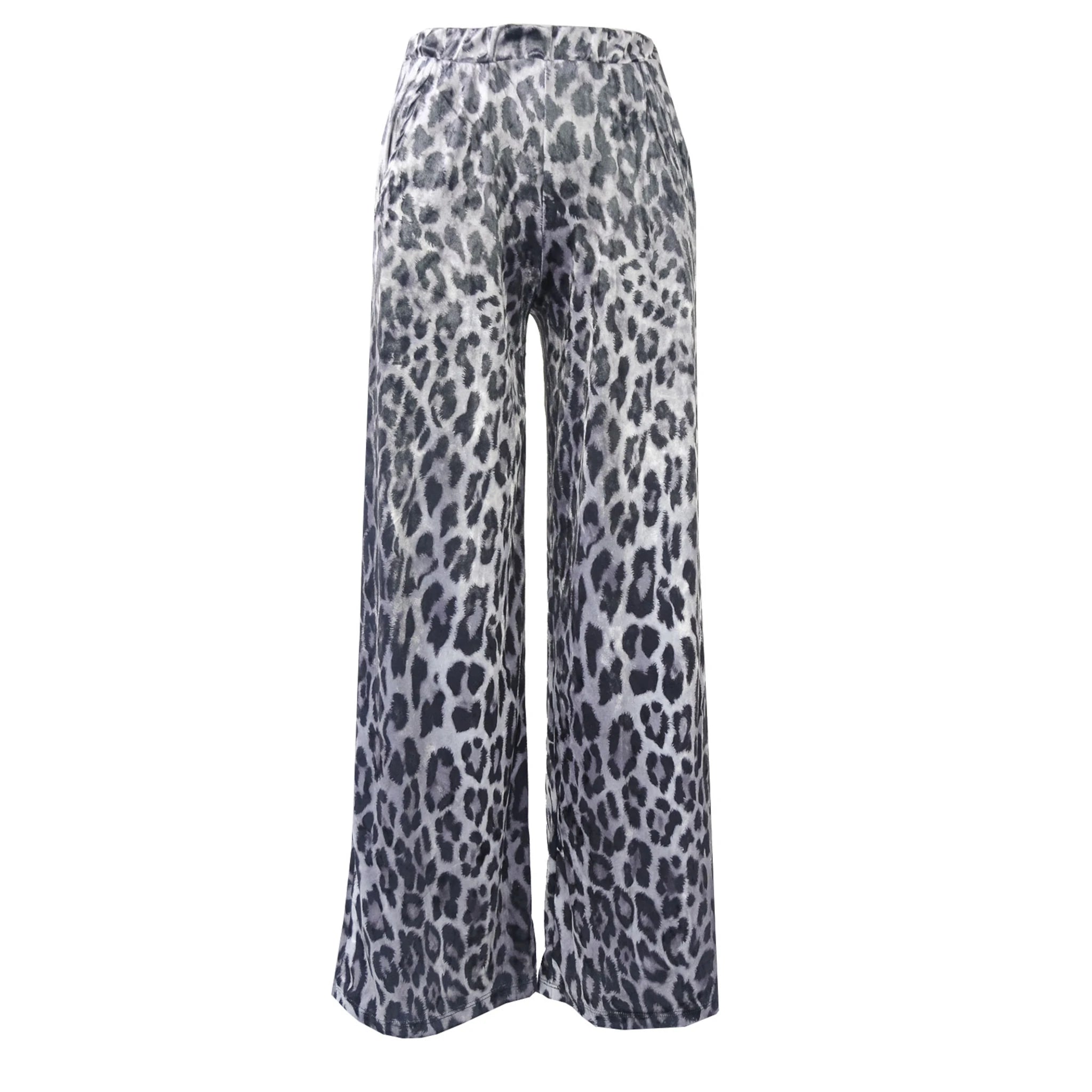 MAXIE - wide-leg chenille trousers in grey animal print