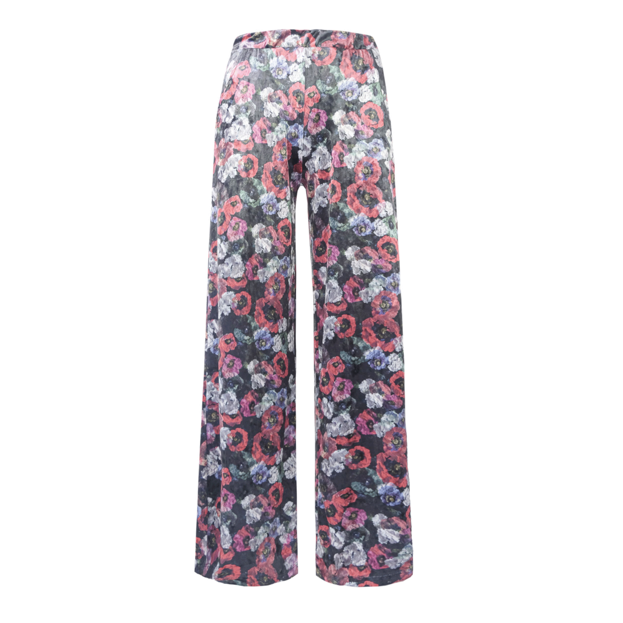 Pantalone MAXIE palazzo ciniglia martellata stampa floreale - elastico in vita vista frontale Day&Night Collection