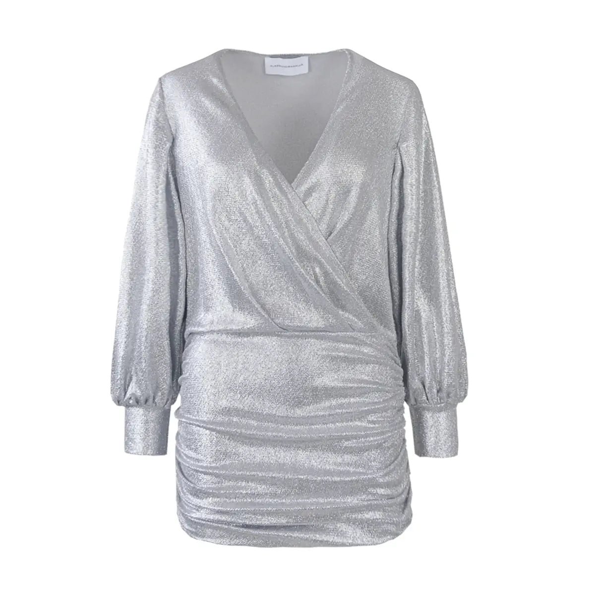 MIA, abito corto in lurex argento con scollo incrociato e gonna drappeggiata.