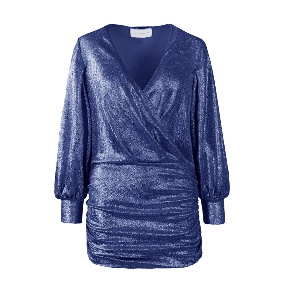 abito corto MIA di Alessandra Gallo in lurex blu con maniche lunghe ampie, scollo a V e gonna plissettata - vista frontale - Stardust Collection