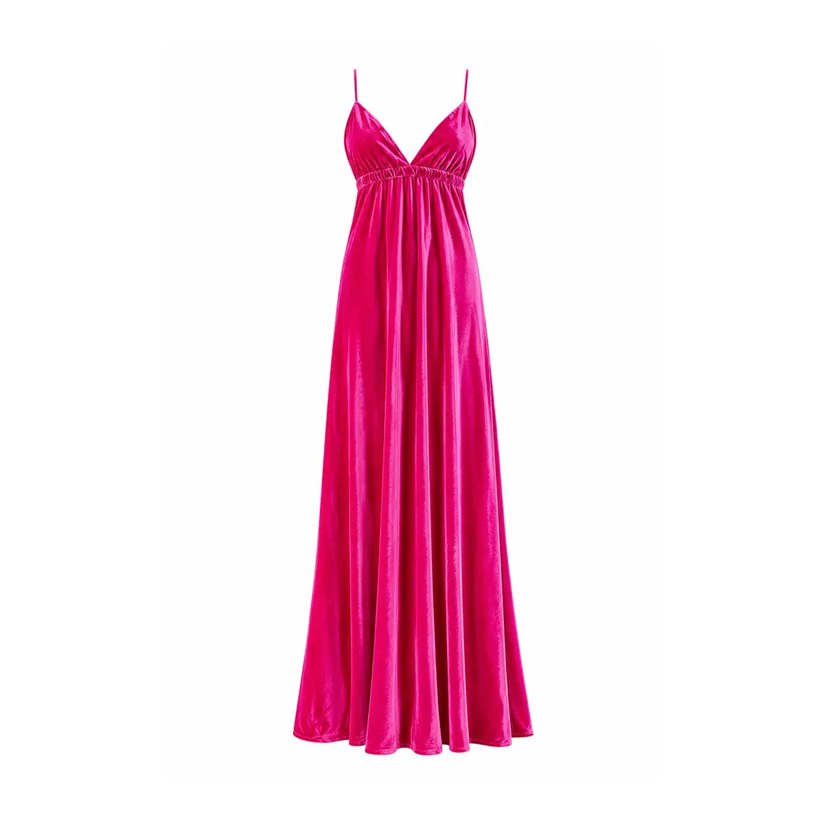 MICOL, abito lungo in ciniglia fucsia con scollo a V e spalline sottili.