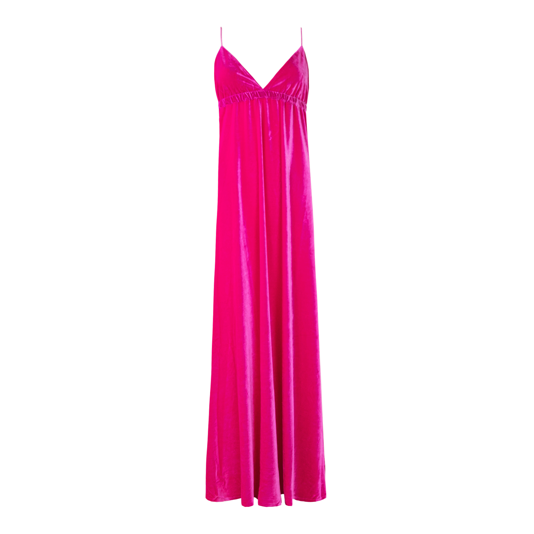 Abito lungo MICOL di Alessandra Gallo in ciniglia fucsia con scollatura V e spalline incrociate sulla schiena - vista frontale - Day&Night Collection
