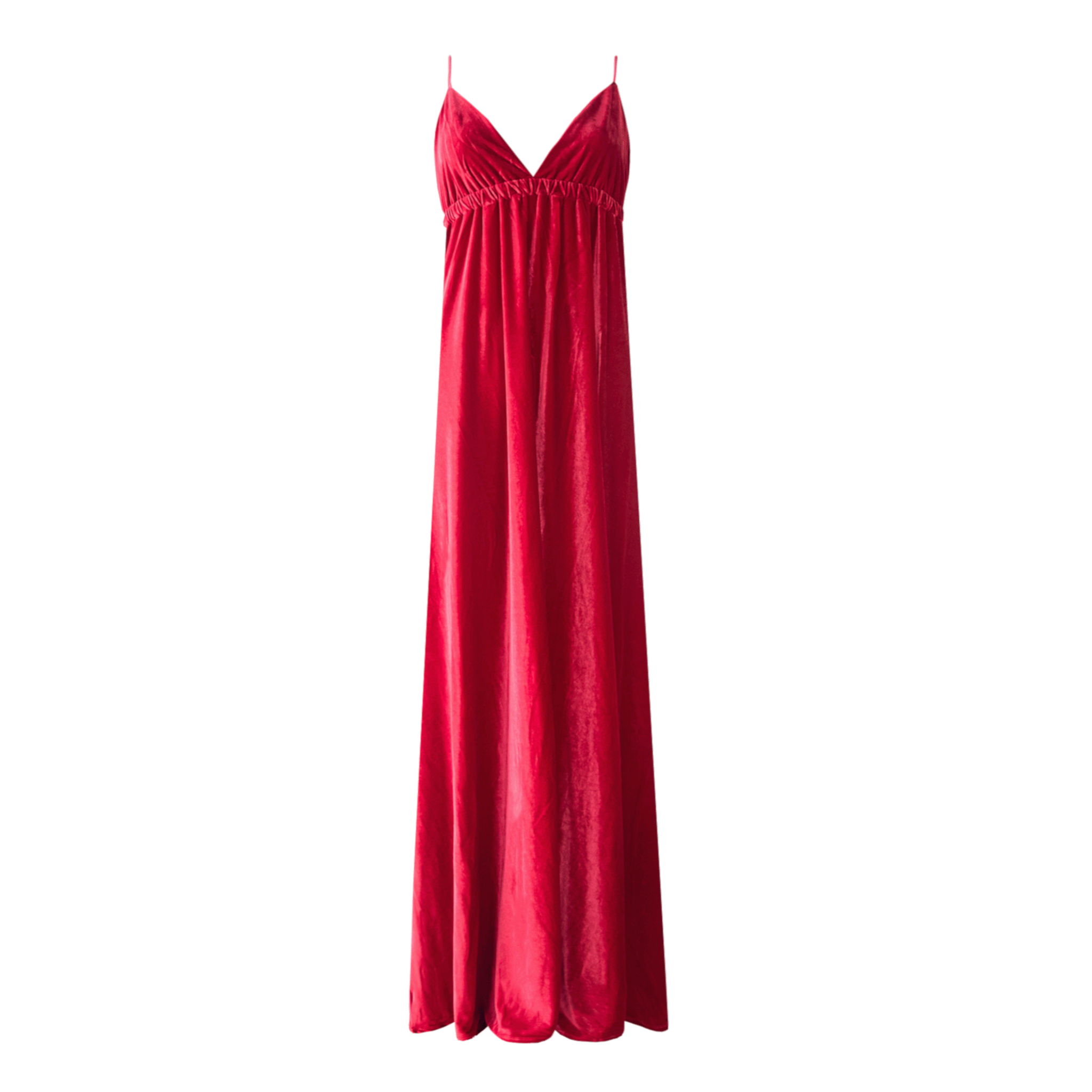 Abito lungo MICOL di Alessandra Gallo in ciniglia rossa con scollatura V e spalline sottile incrociate sulla schiena- vista frontale - Day&Night Collection