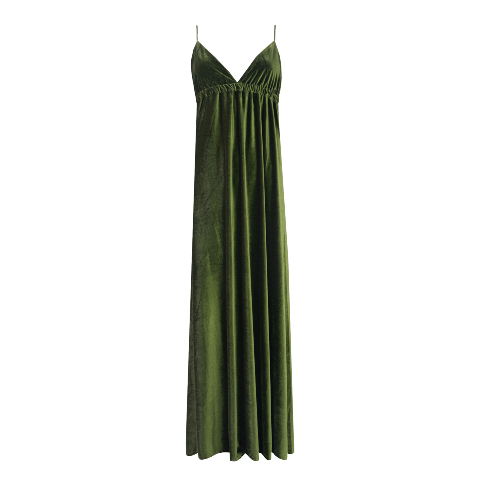 Abito lungo MICOL di Alessandra Gallo in ciniglia verde con scollatura V e spalline sottili incrociate sulla schiena - vista frontale - Day&Night Collection