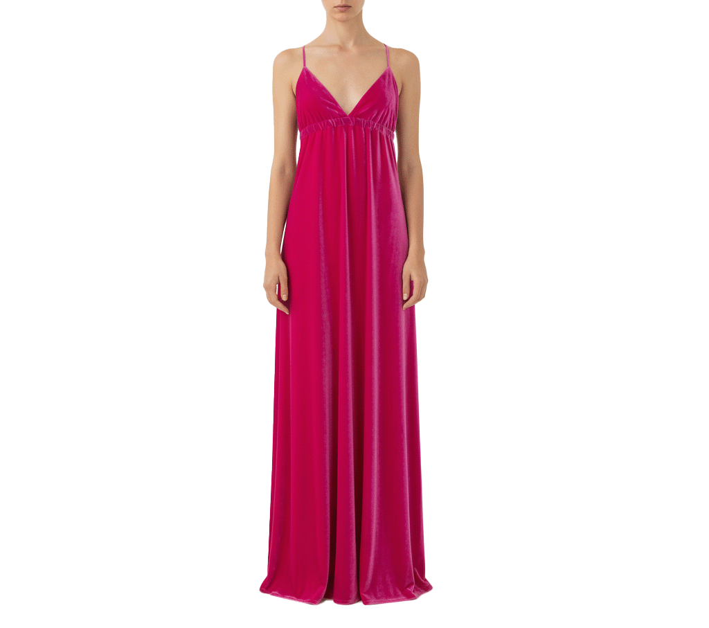Abito lungo MICOL di Alessandra Gallo in ciniglia fucsia con scollatura V - indossato da modella frontale - Day&Night Collection
