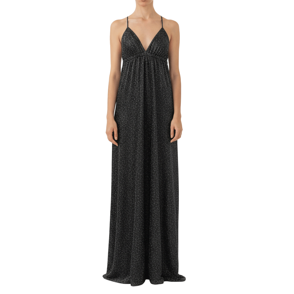 abito lungo MICOL di Alessandra Gallo in lurex antracite con scolo a V e spalline sottili incrociate sulla schiena nuda -indossato frontale - Stardust Collection