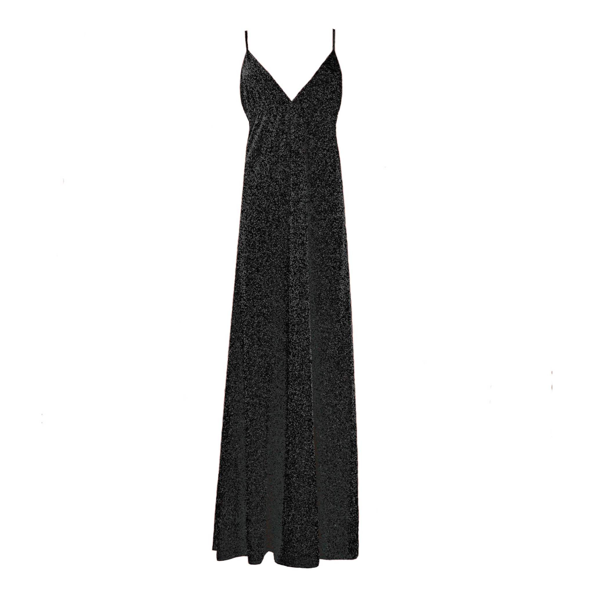 abito lungo MICOL di Alessandra Gallo in lurex antracite con scollo a V e spalline sottili intrecciate sulla schiena nuda - vista frontale - Strardust Collection