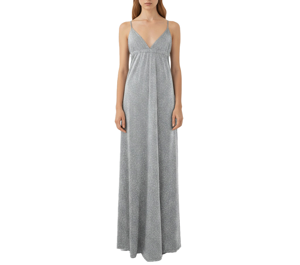 abito lungo MICOL di Alessandra Gallo in lurex argento con scollo a V e spalline sottili incrociate sulla schiena nuda - indossato frontale - Stardust Collection