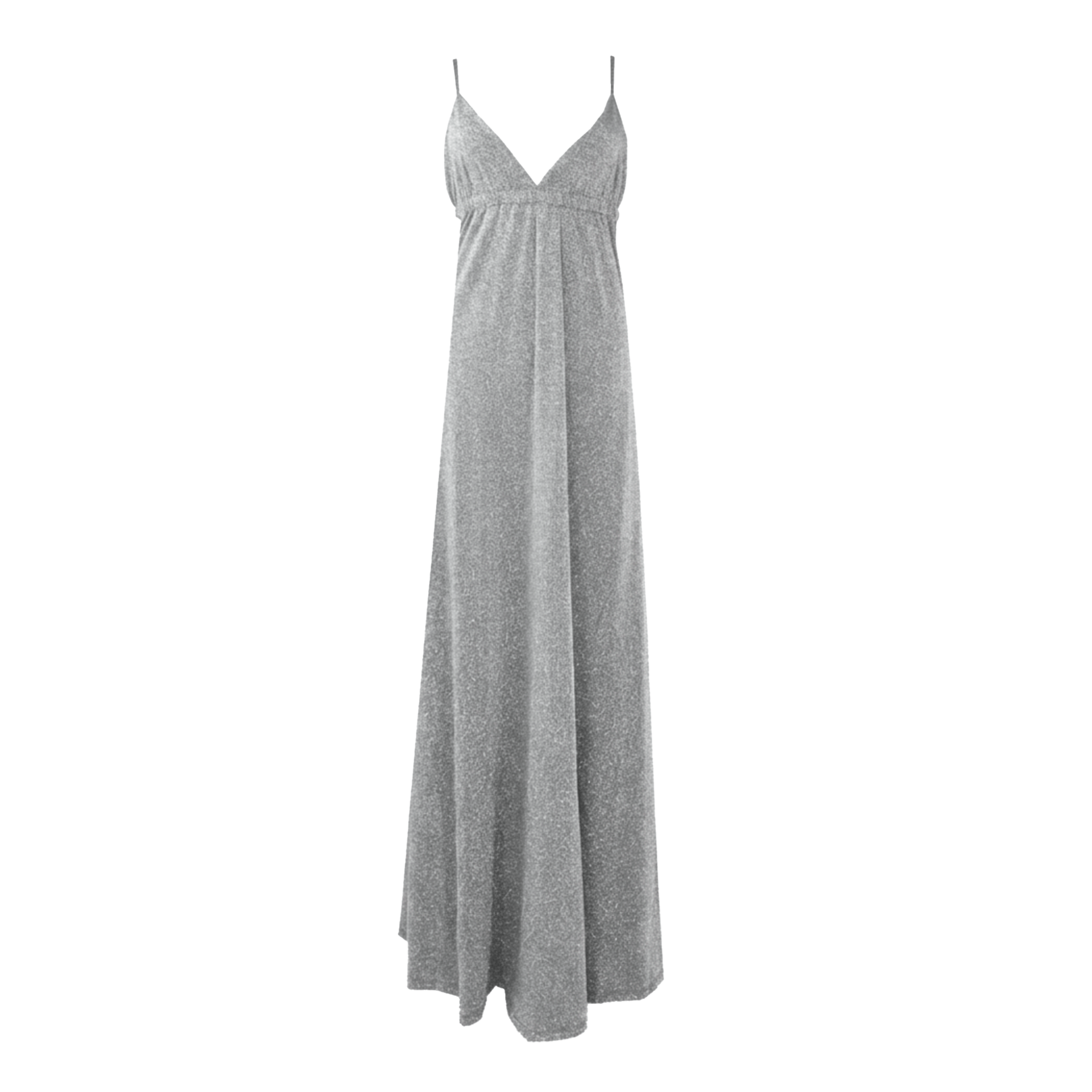 abito lungo MICOL di Alessandra Gallo in lurex argento con scollo a V e spalline sottili incrociate sulla schiena nuda - vista frontale - Stardust Collection