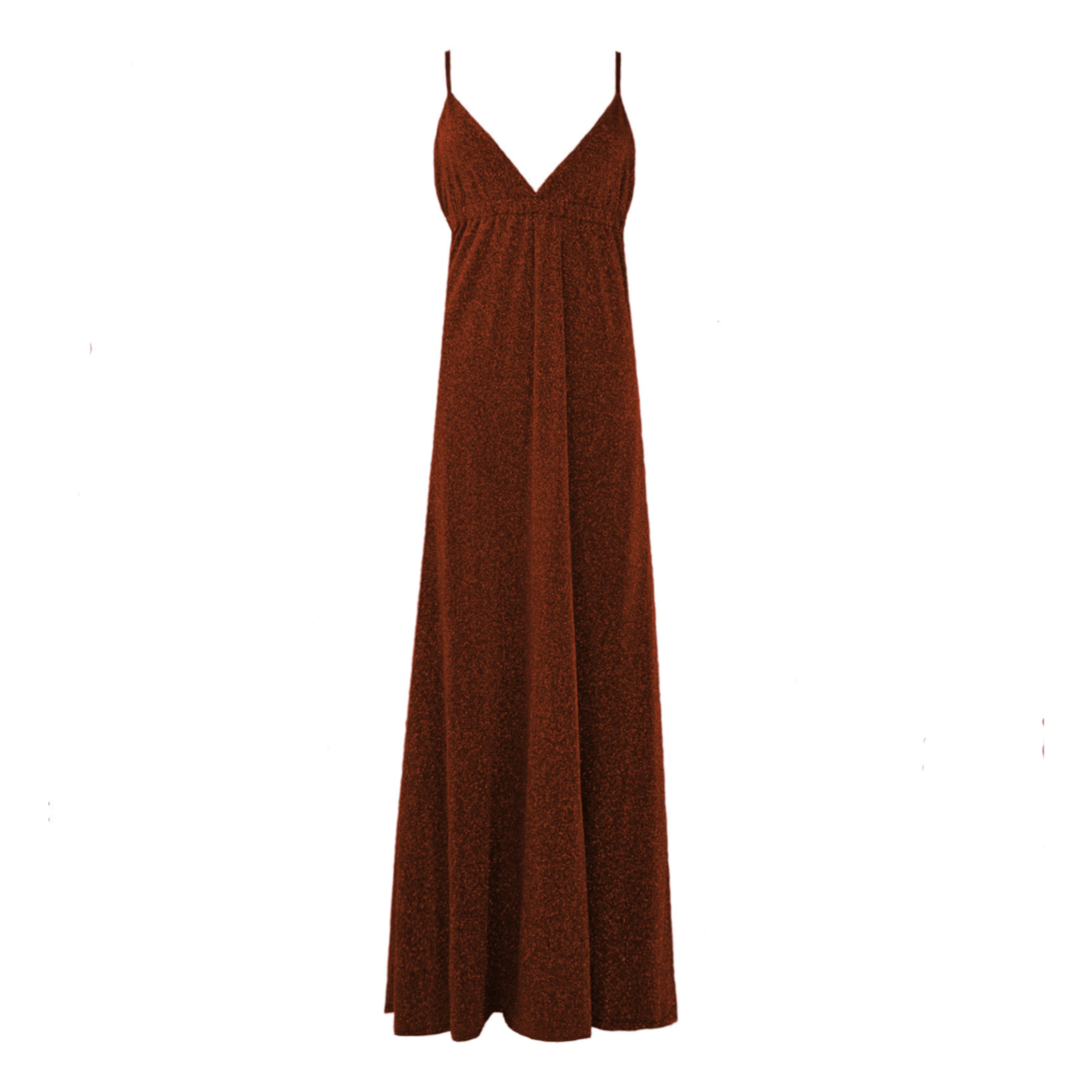abito lungo MICOL di Alessandra Gallo  in lurex bronzo con scollo a V e spalline sottili incrociate sulla schiena nuda - vista frontale - Stardust Collection