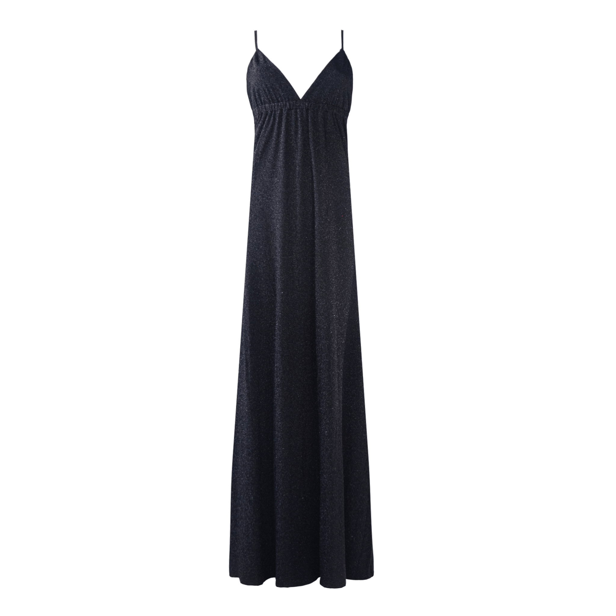 abito lungo MICOL di Alessandra Gallo in lurex nero con scollo a V e spalline sottili intrecciate sulla schiena nuda - vista frontale - Strardust Collection