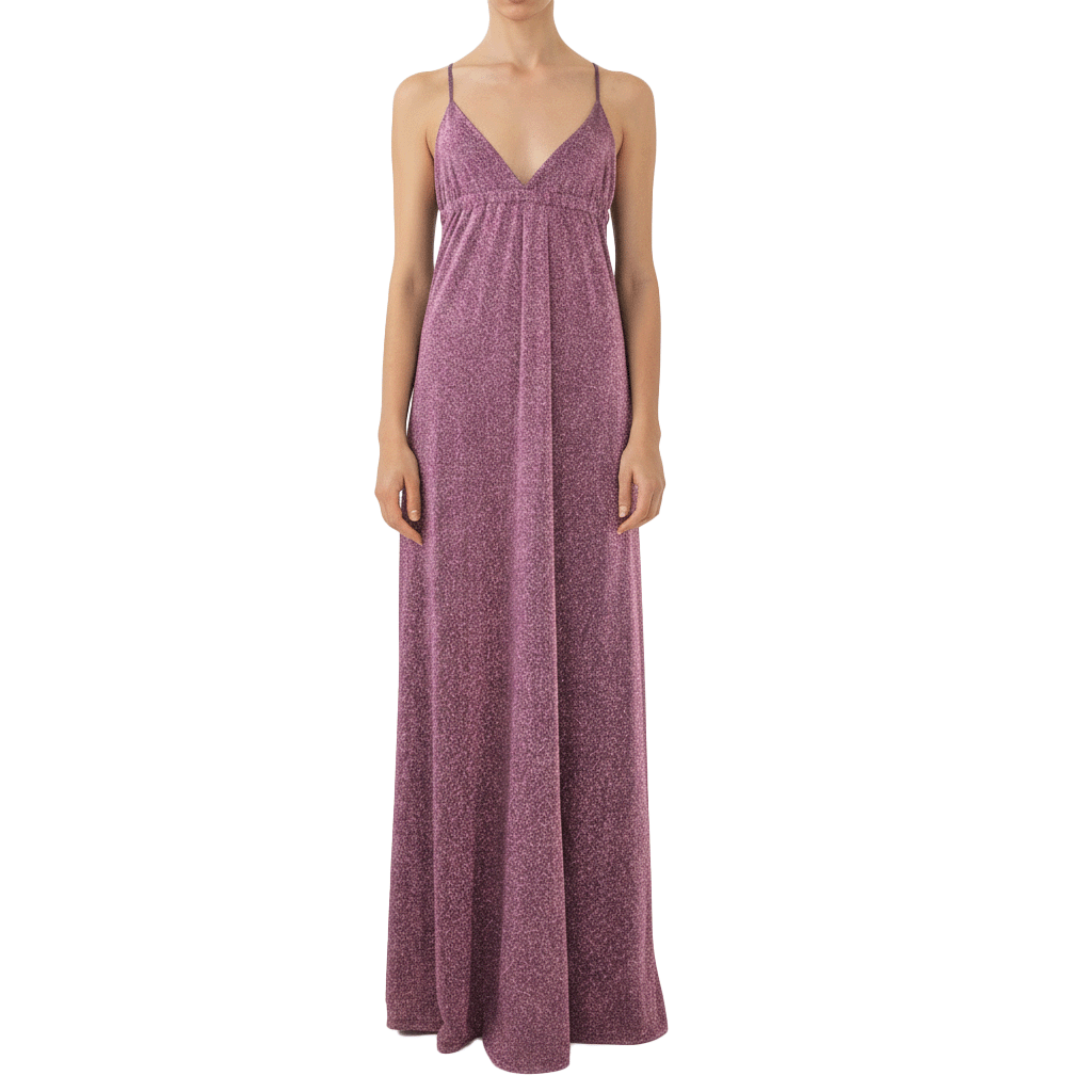 abito  lungo MICOL di Alessandra Gallo inlurex rosa con scollo a V e spalline incrociate sulla schiena nuda - Stardust Collection - indossato frontale