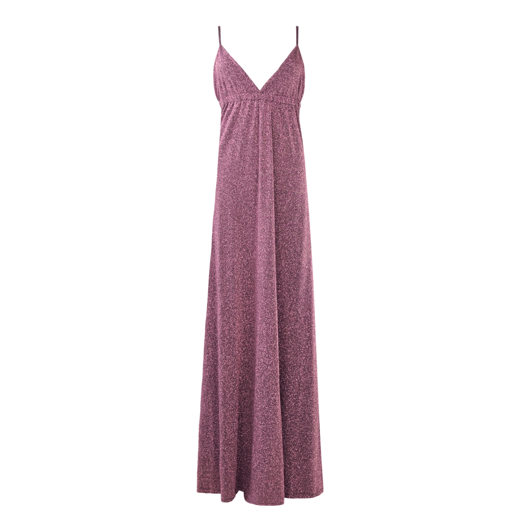 abito lungo MICOL di Alessandra Gallo inlurex rosa con scollo a V e spalline sottili incrociate sulla schiena nuda - vista frontale - Stardust Collection