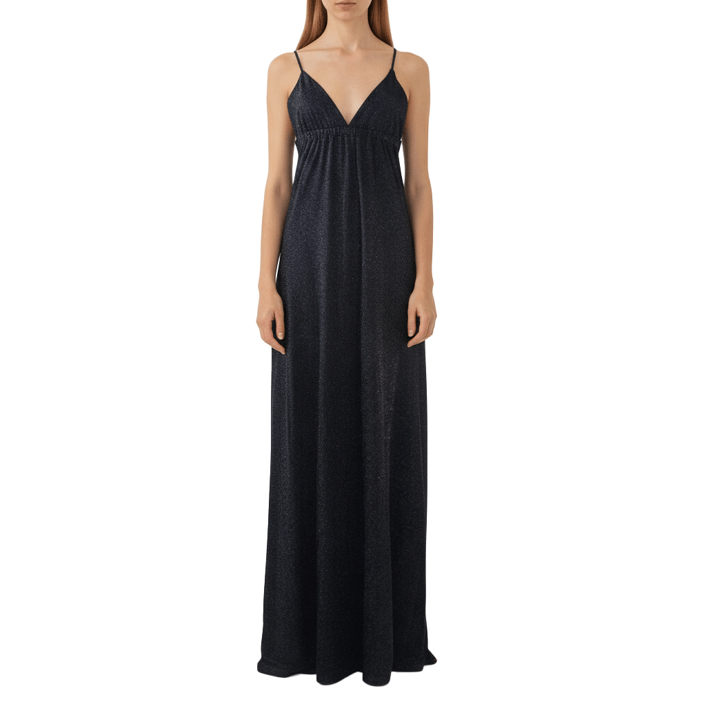 abito lungo MICOL di Alessandra Gallo in lurex nero con scollo a V e spalline sottili intrecciate sulla schiena nuda - indossato frontale - Strardust Collection