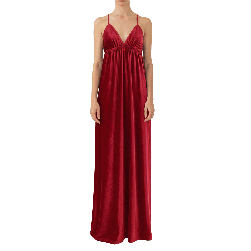Abito lungo MICOL di Alessandra Gallo in ciniglia rosso con scollatura V - indossato da modella frontale - Day&Night Collection