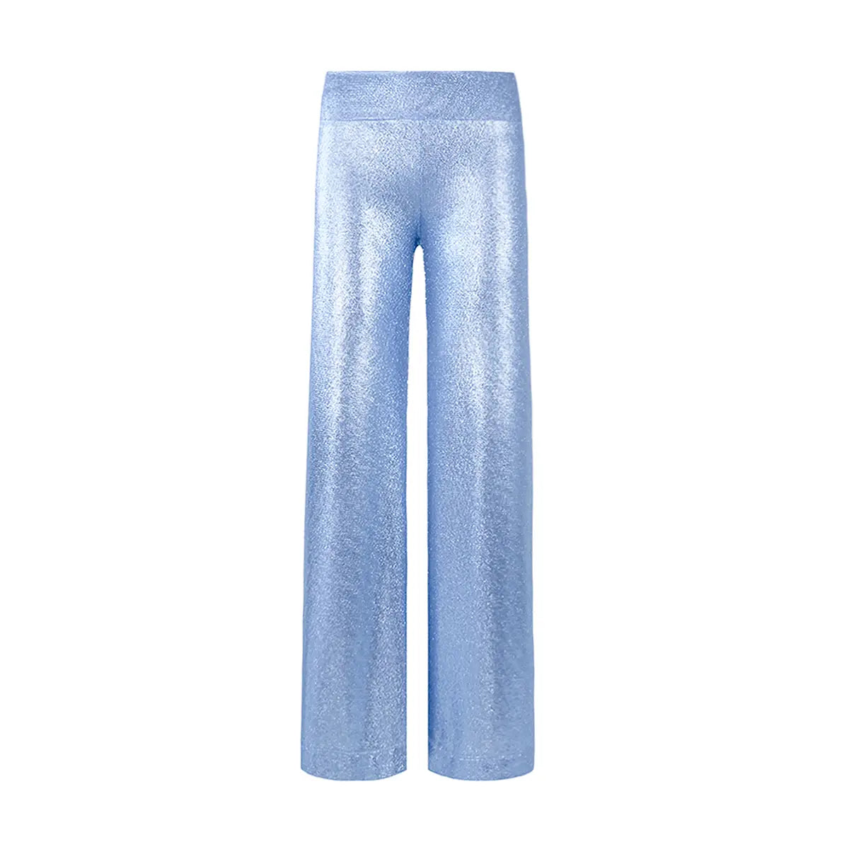 MIMI pantalone palazzo in lurex azzurro con vita alta elasticizzata di Alessandra Gallo - Made in Italy - Stardust Collection - vista frontale