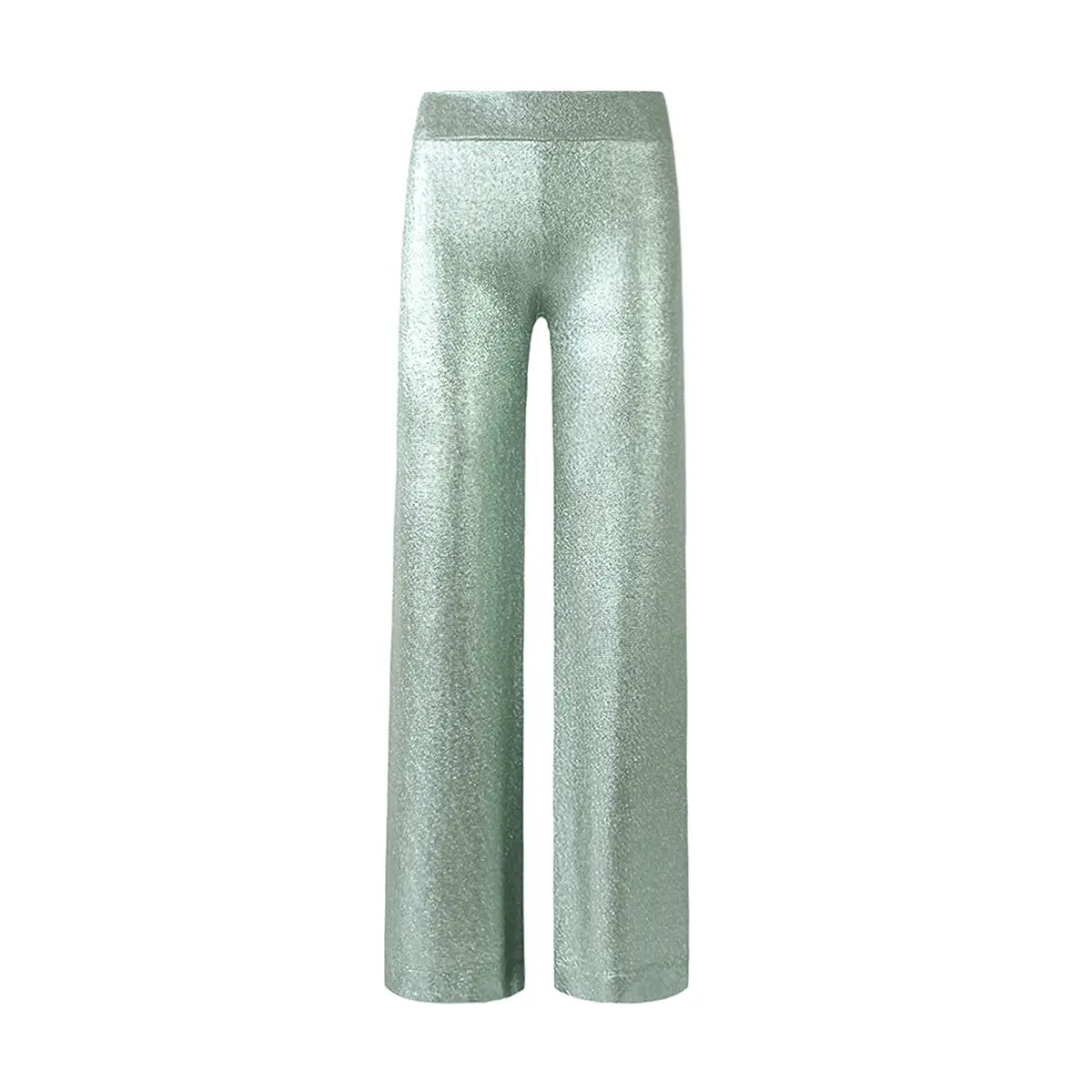 pantalone  palazzo MIMI di Alessandra Gallo in lurex verde chiarocon vita alta elasticizzata - vista frontale -  Stardust Collection