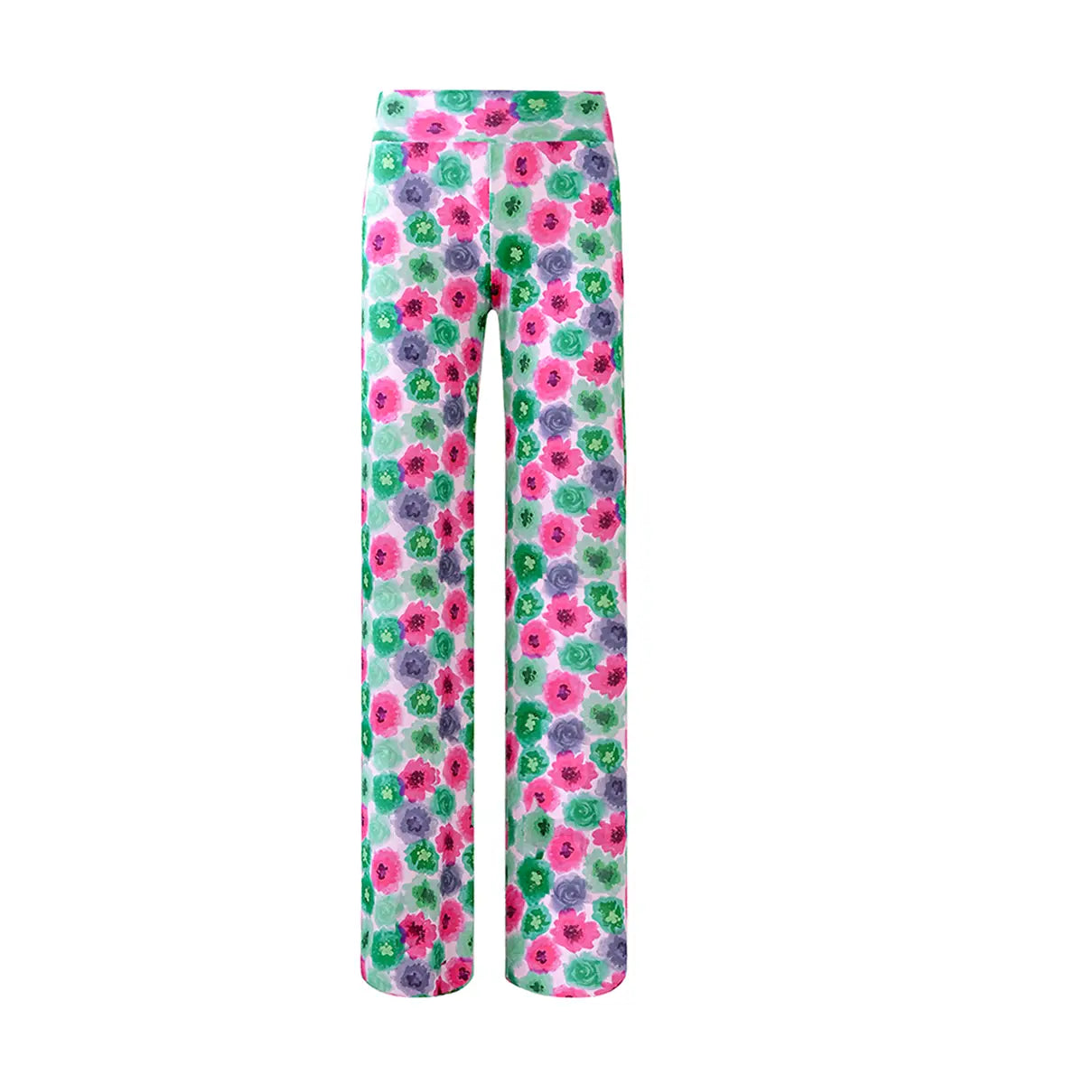 MIMI pantaloni palazzo in lycra fantasia Peonies con vita alta elasticizzata di alessandra Gallo- Made in Italy - The Stretch Collection - vista frontale