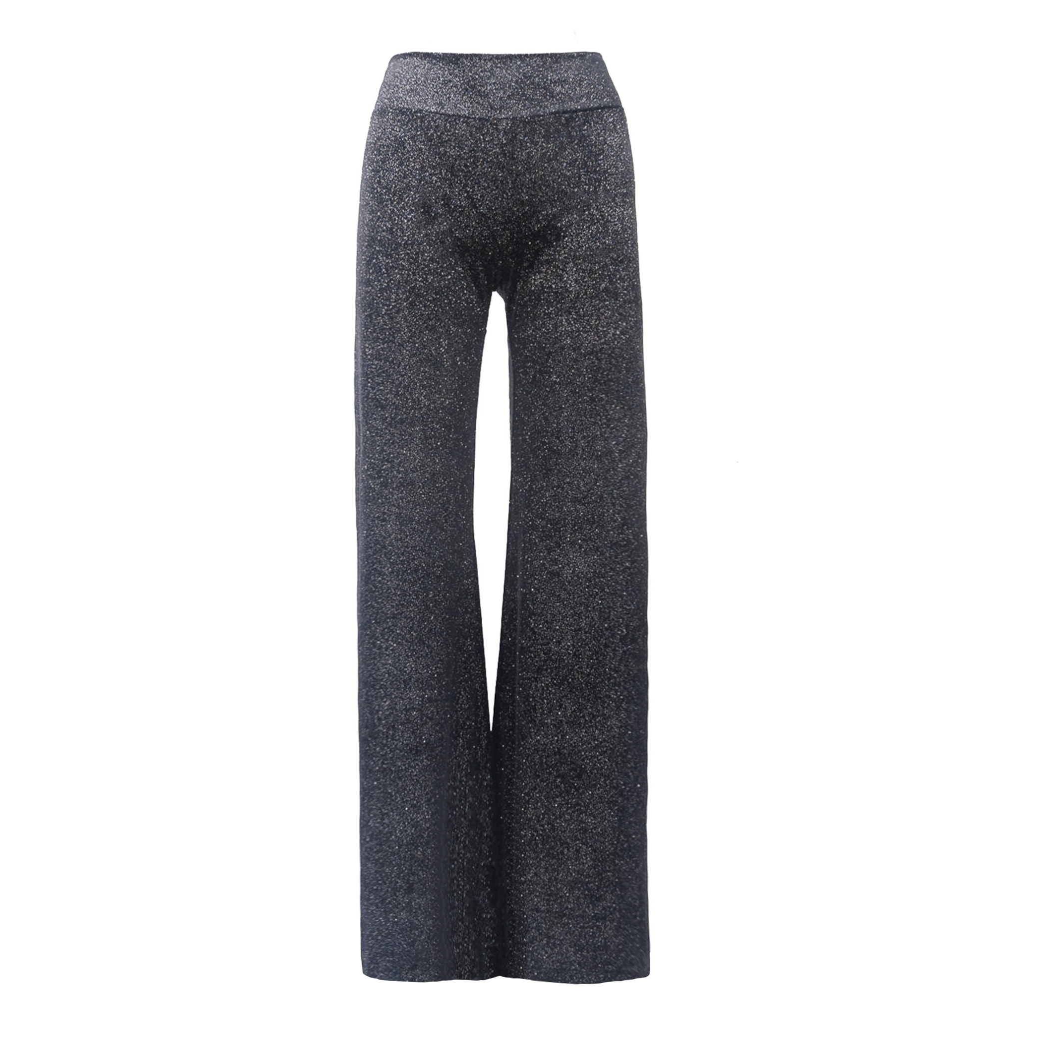 Pantalone MIMI palazzo ciniglia nera scintillante - vita aderente vista frontale Day&Night Collection