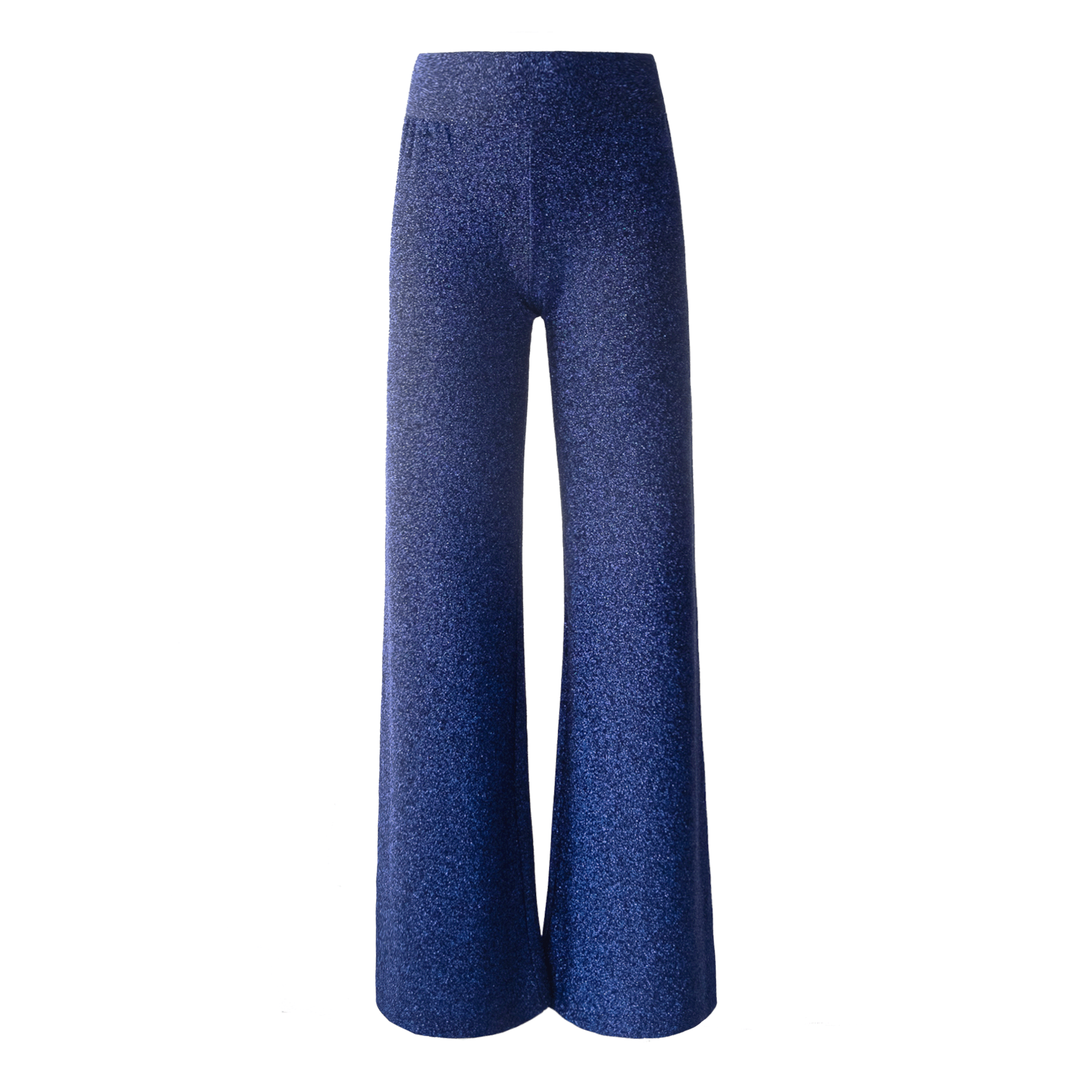 pantalone a palazzo MIMI di Alessandra Gallo in lurex blu con vita alta elasticizzata - vista frontale - Stardust Collection