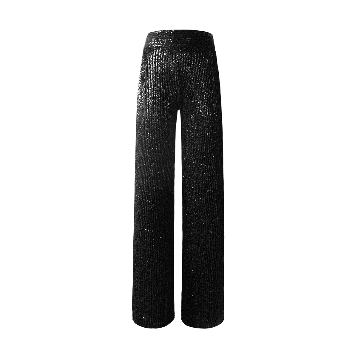pantalone a palazzo MIMI di Alessandra Gallo in paillettes nero con vita alta elasticizzata - vista frontale - The Light Collection