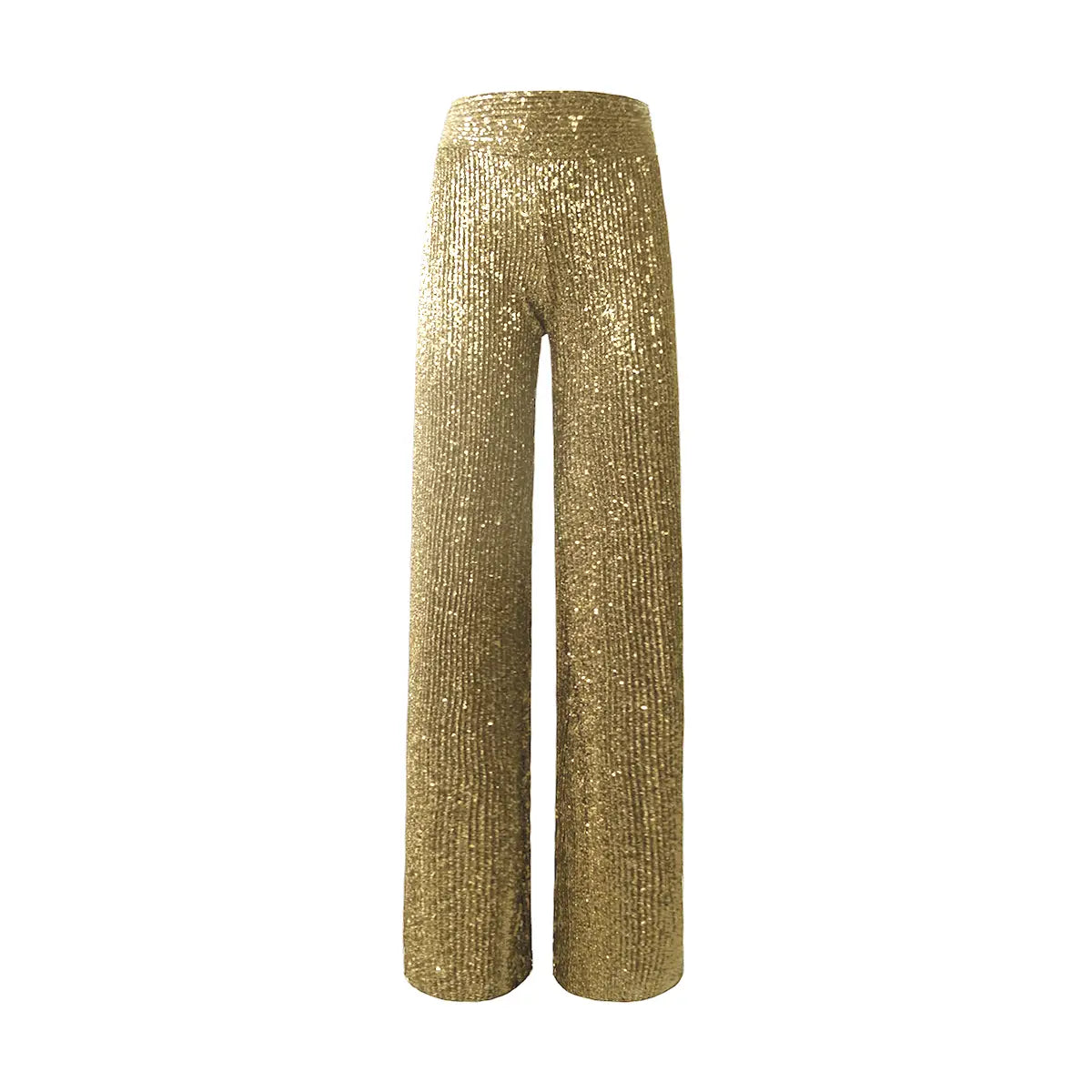 pantaloni a palazzo MIMI di Alessandra Gallo in paillettes oro con vita alta elasticizzata - vista frontale - The Light Collection