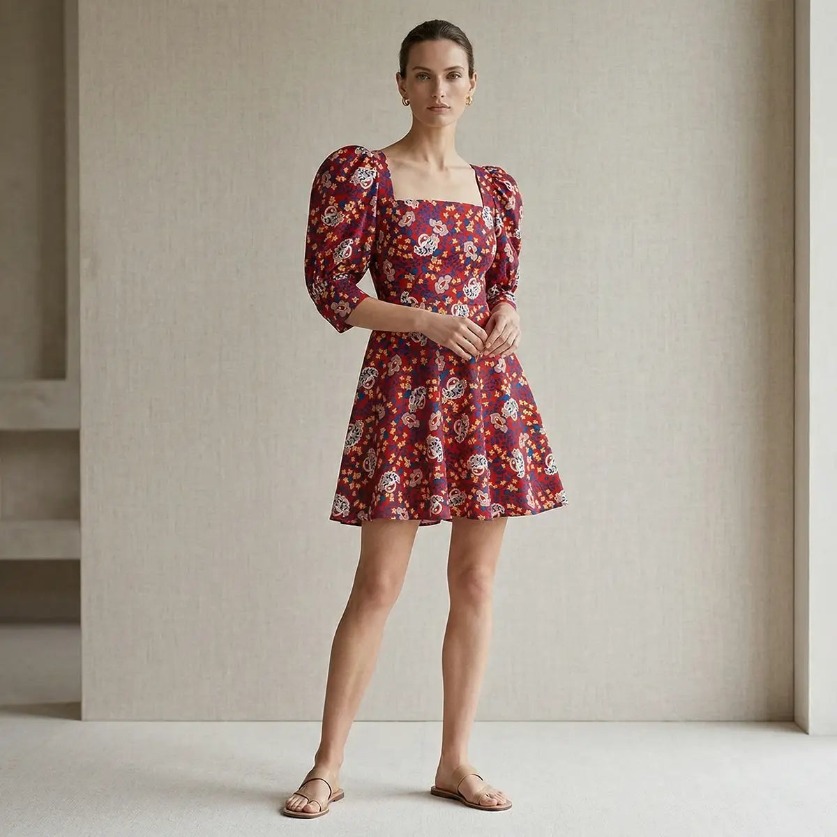 MIMOSA, abito corto in cotone Red Obsession, su modella.