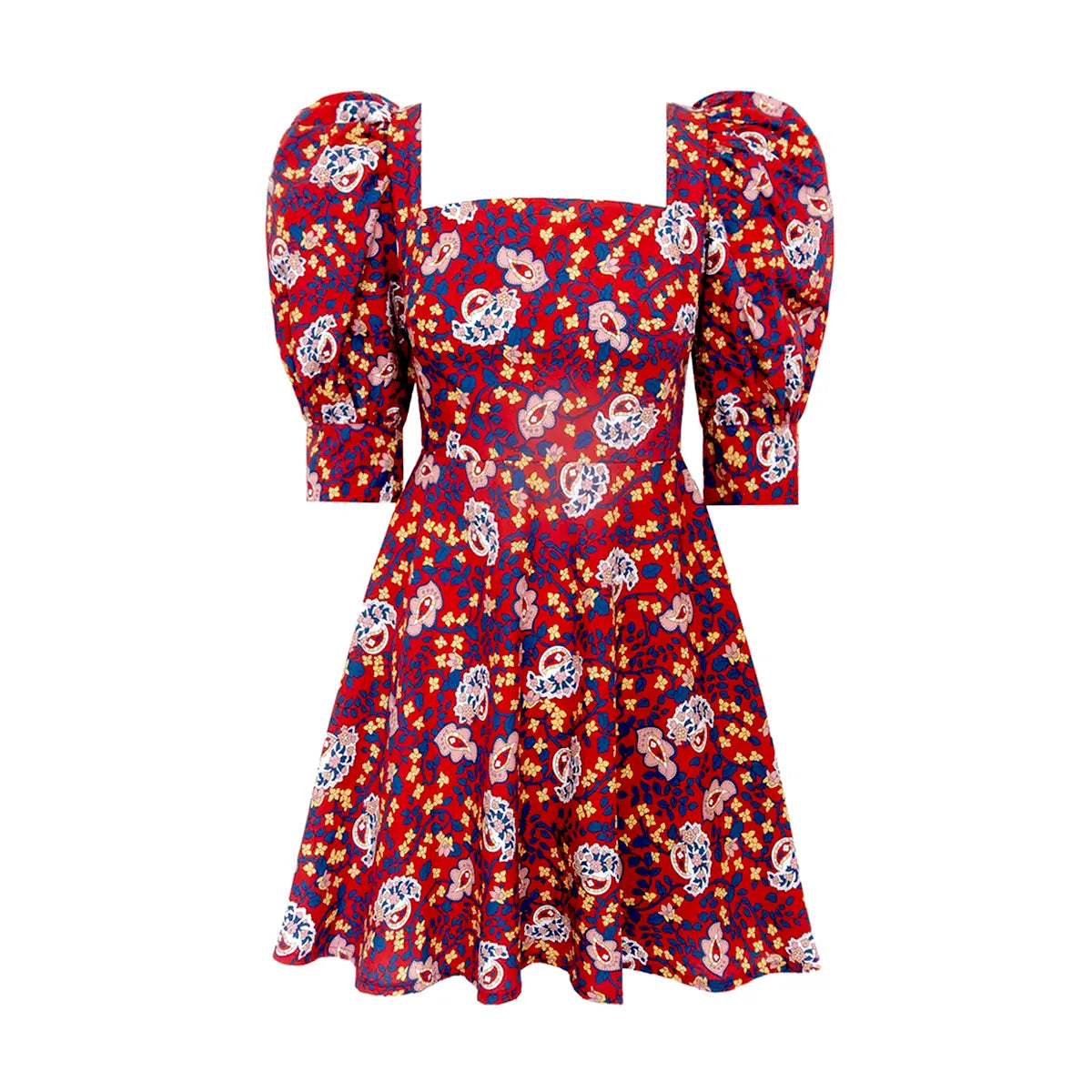 MIMOSA abito corto di  Alessandra Gallo con scollo quadrato, maniche a sbuffo a 3/4 in cotone fantasia Red Obsession - Made in Italy -  The Obsession Collection - vista frontale