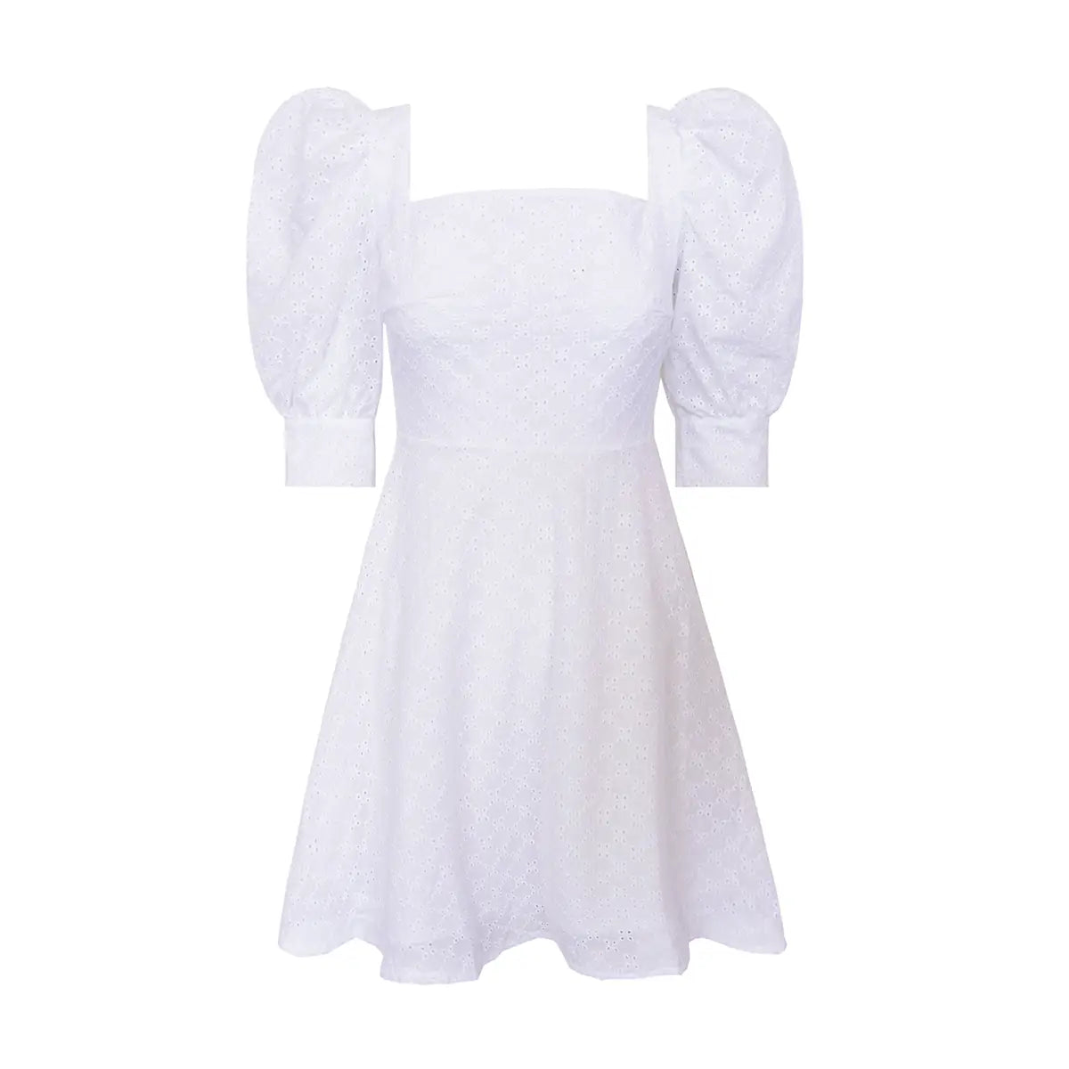 MIMOSA abito corto di  Alessandra Gallo con scollo quadrato, maniche a sbuffo a 3/4 incotone Sangallo - Made in Italy -  Broderie Collection - vista frontale