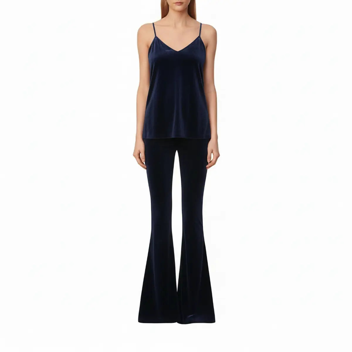 Top MIRTA di Alessandra Gallo in ciniglia blu con spalline sottili - indossata frontale - Day&Night Collection