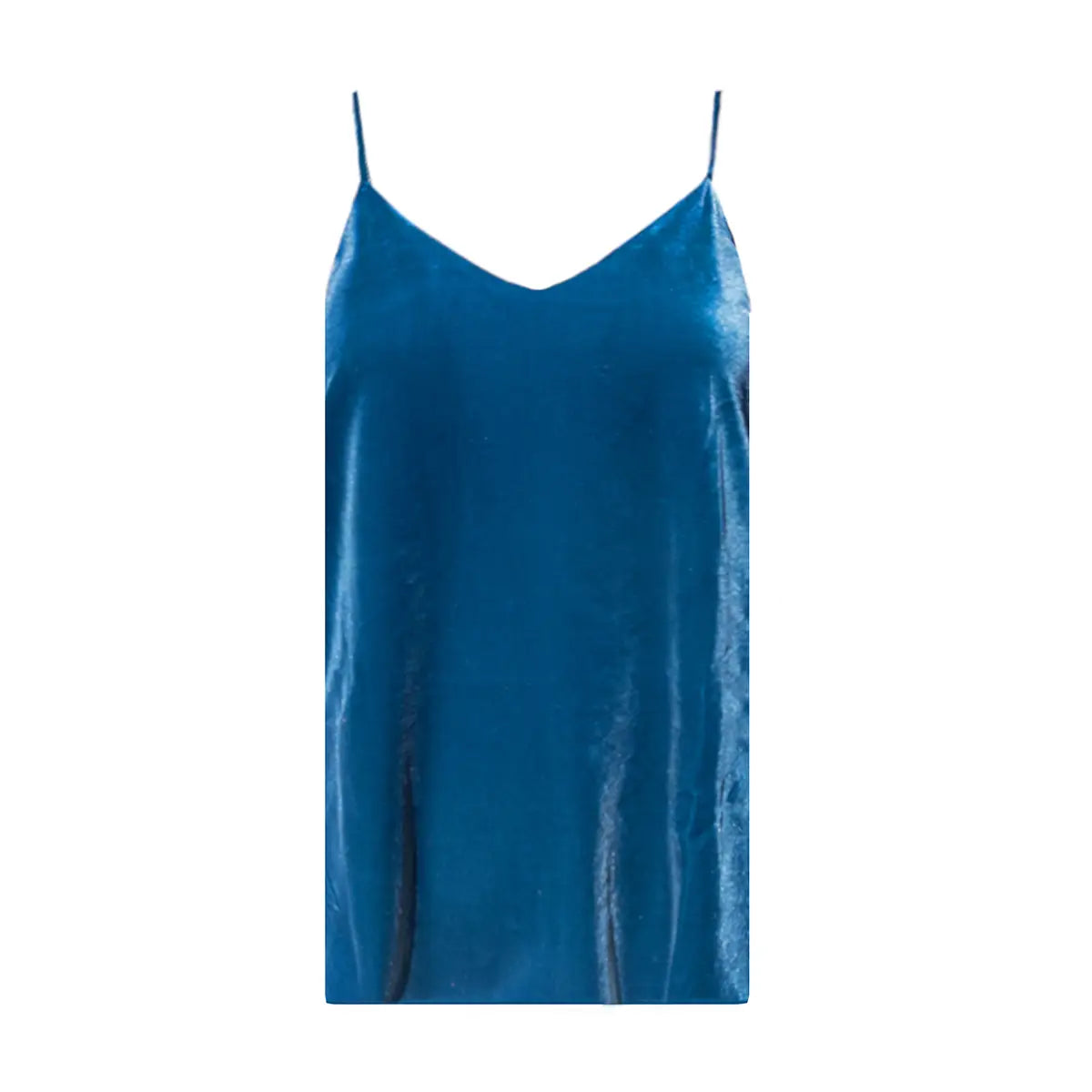 Top MIRTA di Alessandra Gallo in ciniglia ottanio con spalline sottili - vista frontale - Day&Night Collection