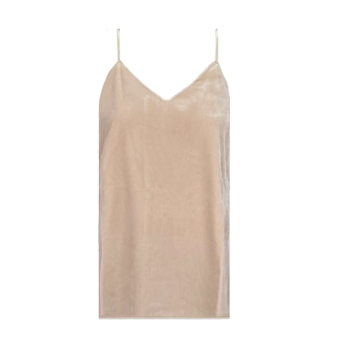 MIRTA, top canotta in ciniglia beige con scollo a V e spalline sottili.