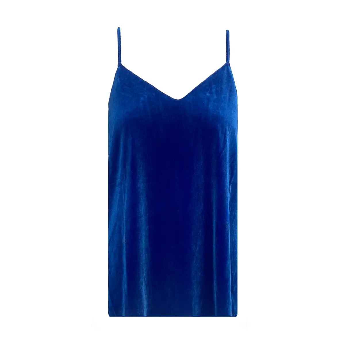MIRTA, top canotta in ciniglia blu elettrico con scollo a V e spalline sottili.