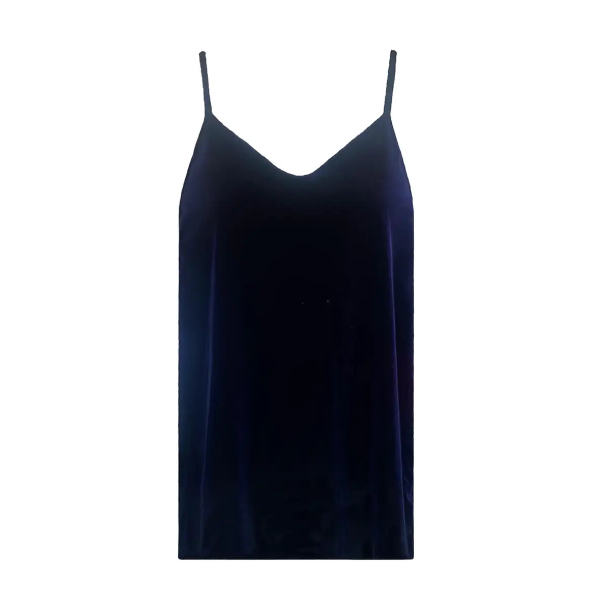 MIRTA, top canotta in ciniglia blu con scollo a V e spalline sottili.