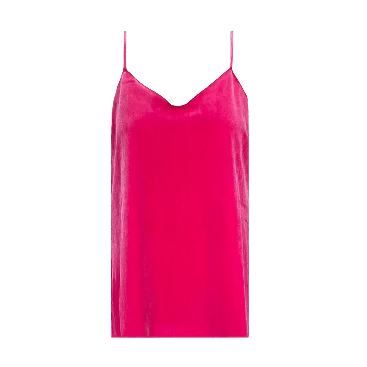 MIRTA, top canotta in ciniglia fucsia con scollo a V e spalline sottili.