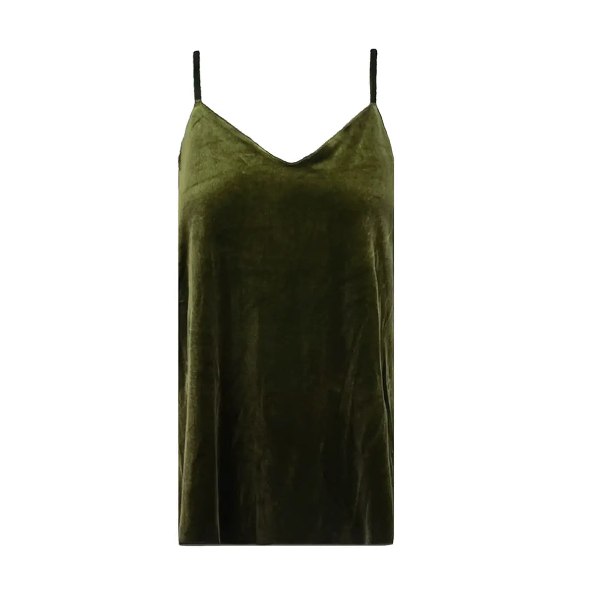 MIRTA, top canotta in ciniglia verde militare con scollo a V e spalline sottili.