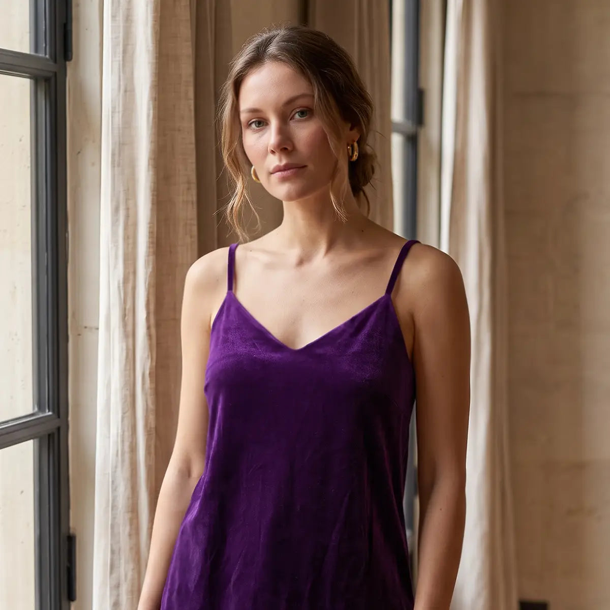 MIRTA, top canotta in ciniglia viola con scollo a V e spalline sottili, su modella.