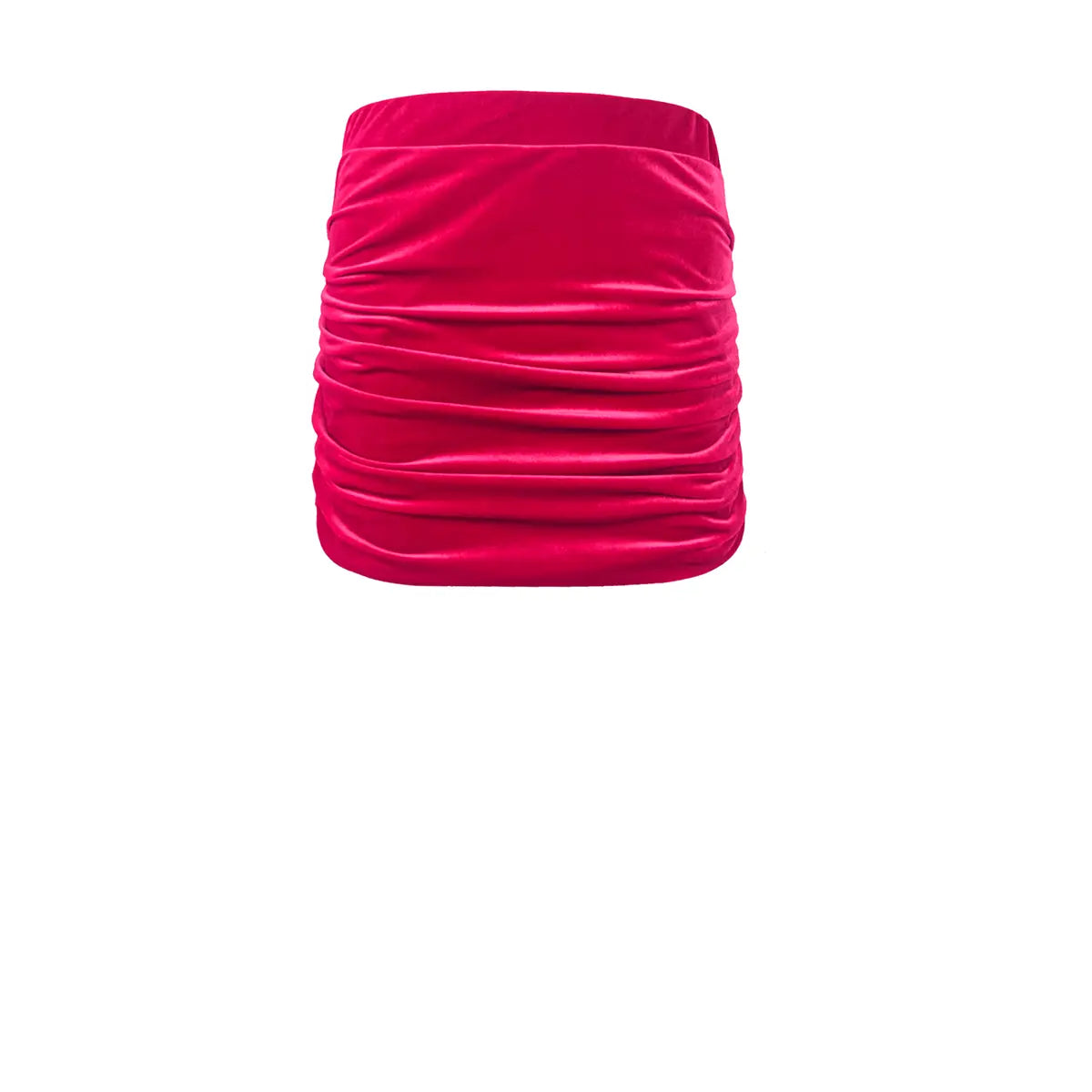 minigonna NINA di Alessandra Gallo in ciniglia fucsia  con arricciature drappeggiati - vista frontale - Day&Night collection