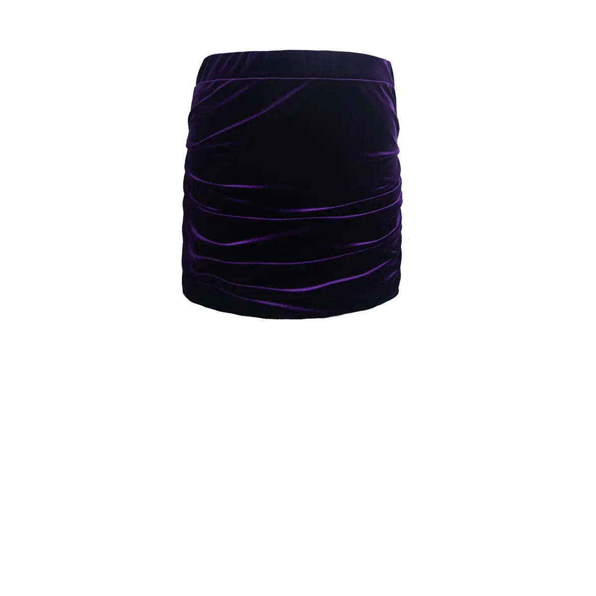 minigonna NINA di Alessandra Gallo in ciniglia viola con arricciature drappeggiati - vista frontale - Day&Night collection