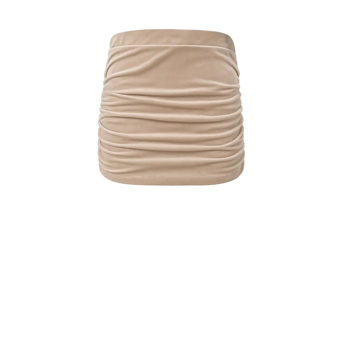 NINA, minigonna drappeggiata in ciniglia beige.
