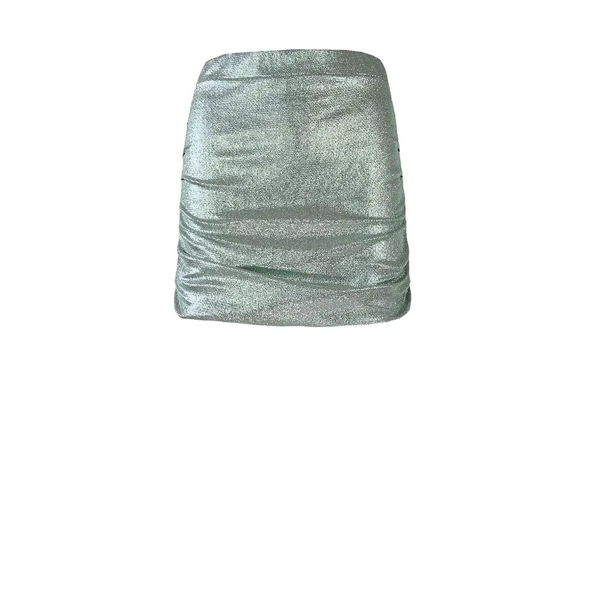 NINA, minigonna drappeggiata in lurex verde chiaro.