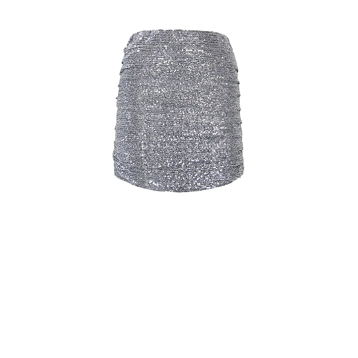 NINA, minigonna drappeggiata in paillettes argento.