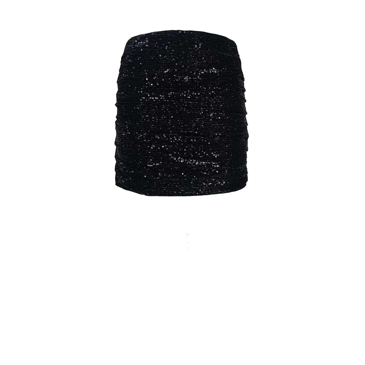 NINA, minigonna drappeggiata in paillettes nere.