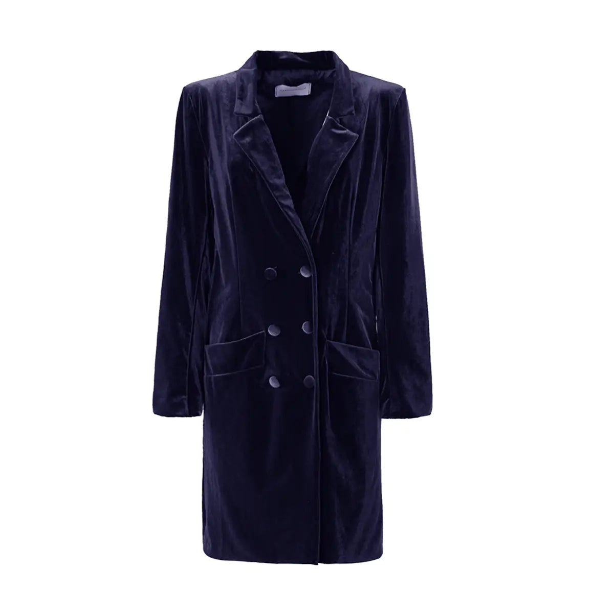 blazer coat NORA di Alessandra Gallo in ciniglia blu, con doppio petto,  bottoni foderati, spalle imbottite e tasche laterali - vista frontale - Day&Night Collection