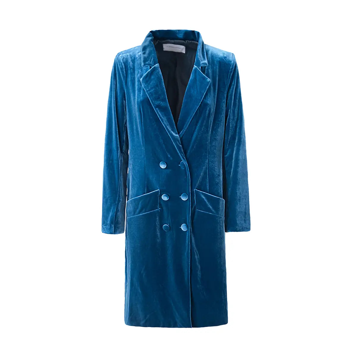 blazer coat NORA di Alessandra Gallo in ciniglia ottanio, con doppio petto,  bottoni foderati, spalle imbottite e tasche laterali - vista frontale - Day&Night Collection